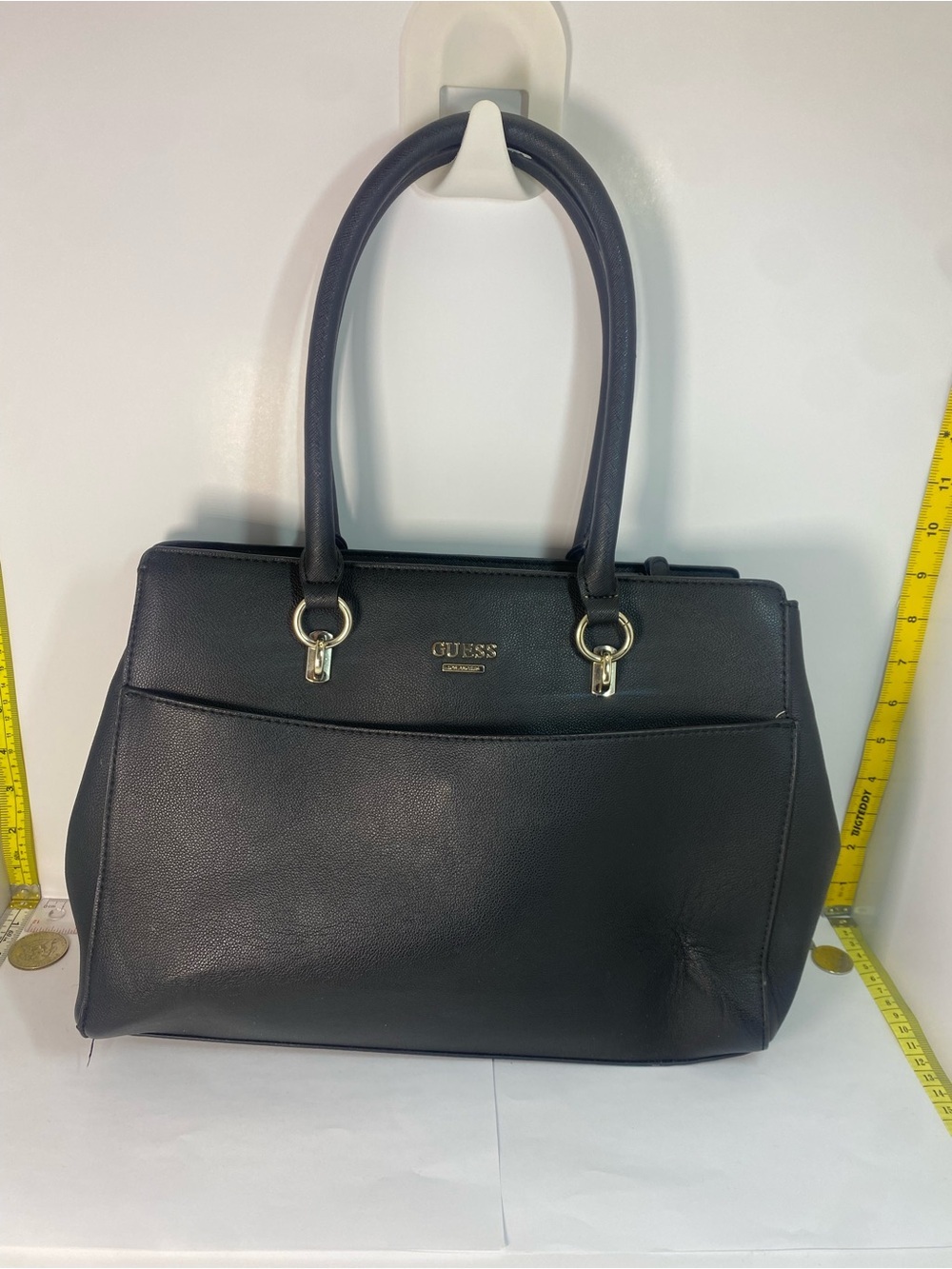 GUESS Black Structured Leather Tote with Gold Hardware